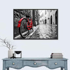 Red Bicycle on Rainy Cobblestone Street Wall Art