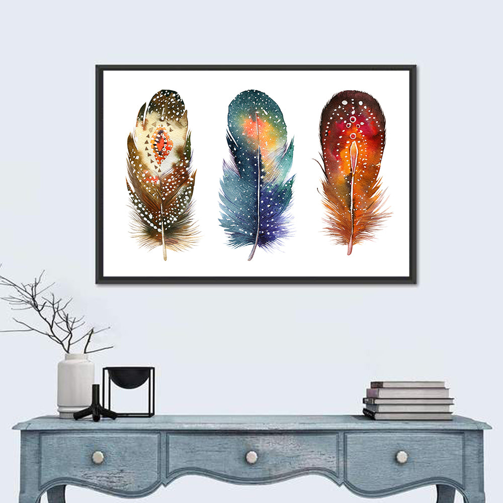 Boho Watercolor Feather Trio Wall Art in a room, landscape