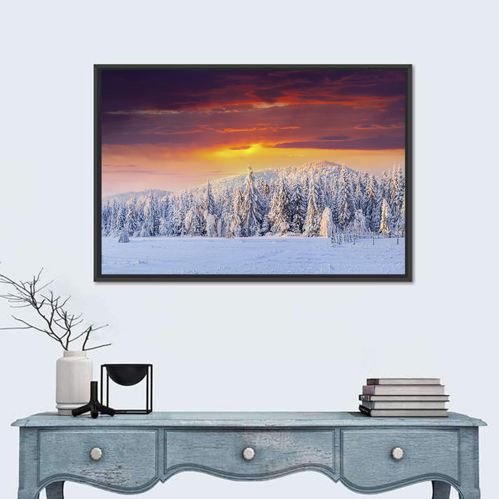 Snowy Forest Sunset Wall Art in a room, landscape