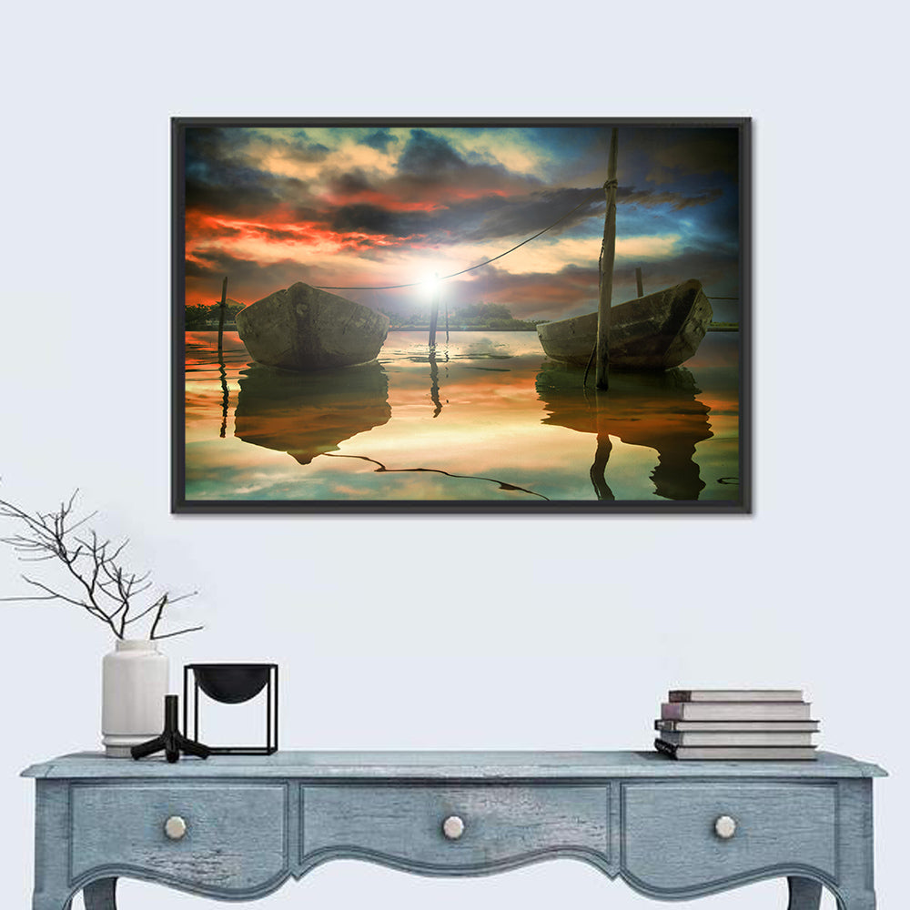 Two Wooden Boats at Sunset Wall Art in a room, landscape