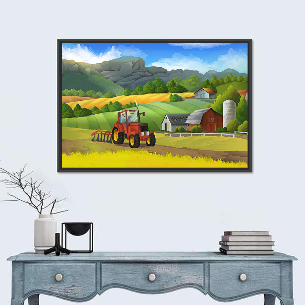 Red Tractor Farm Landscape Wall Art in a room, landscape