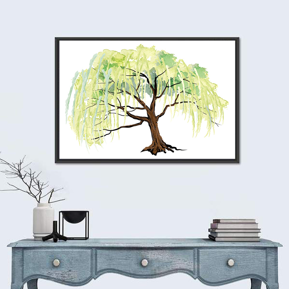 Weeping Willow Watercolor Sketch Wall Art in a room, landscape