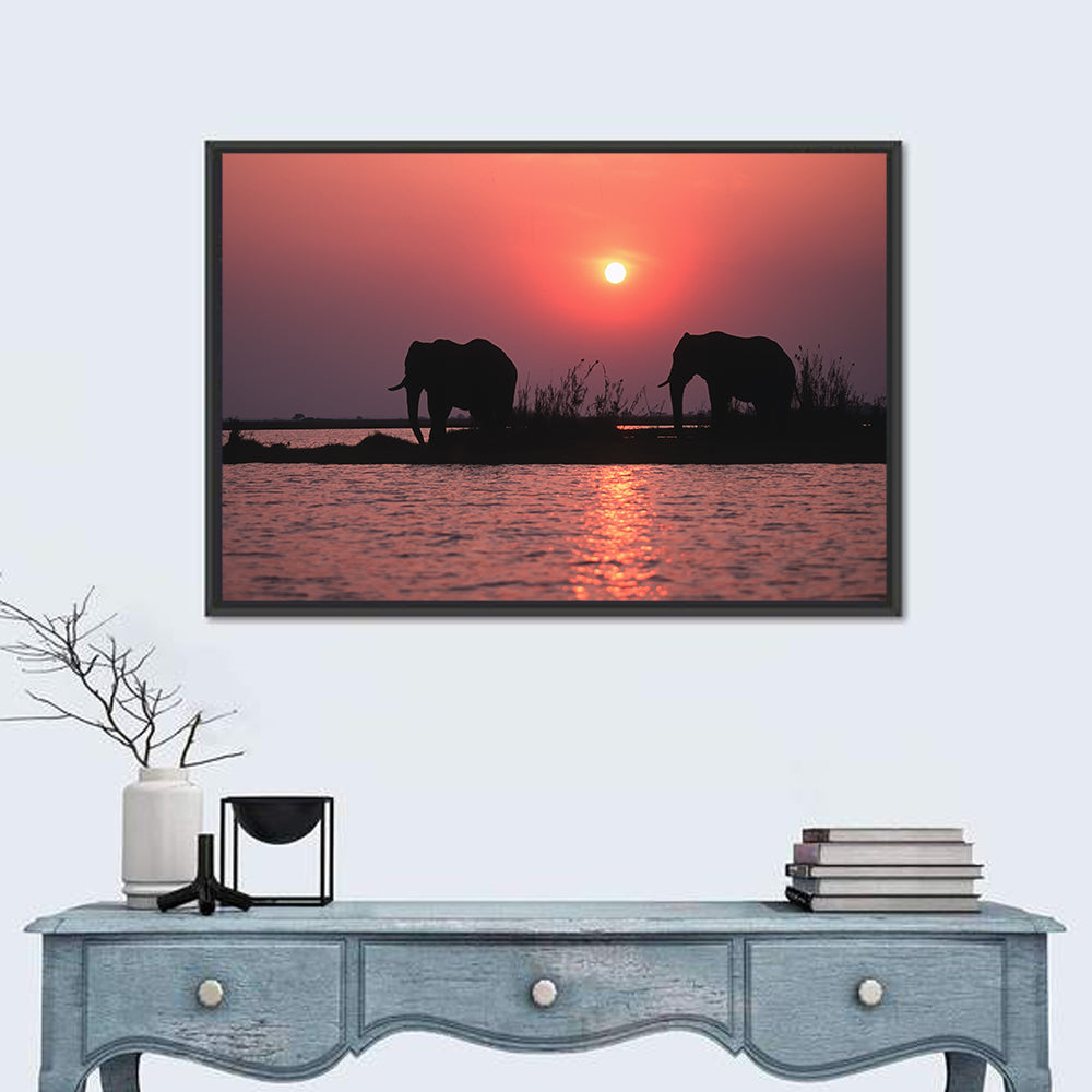 Elephants at Sunset Silhouette Wall Art in a room, landscape