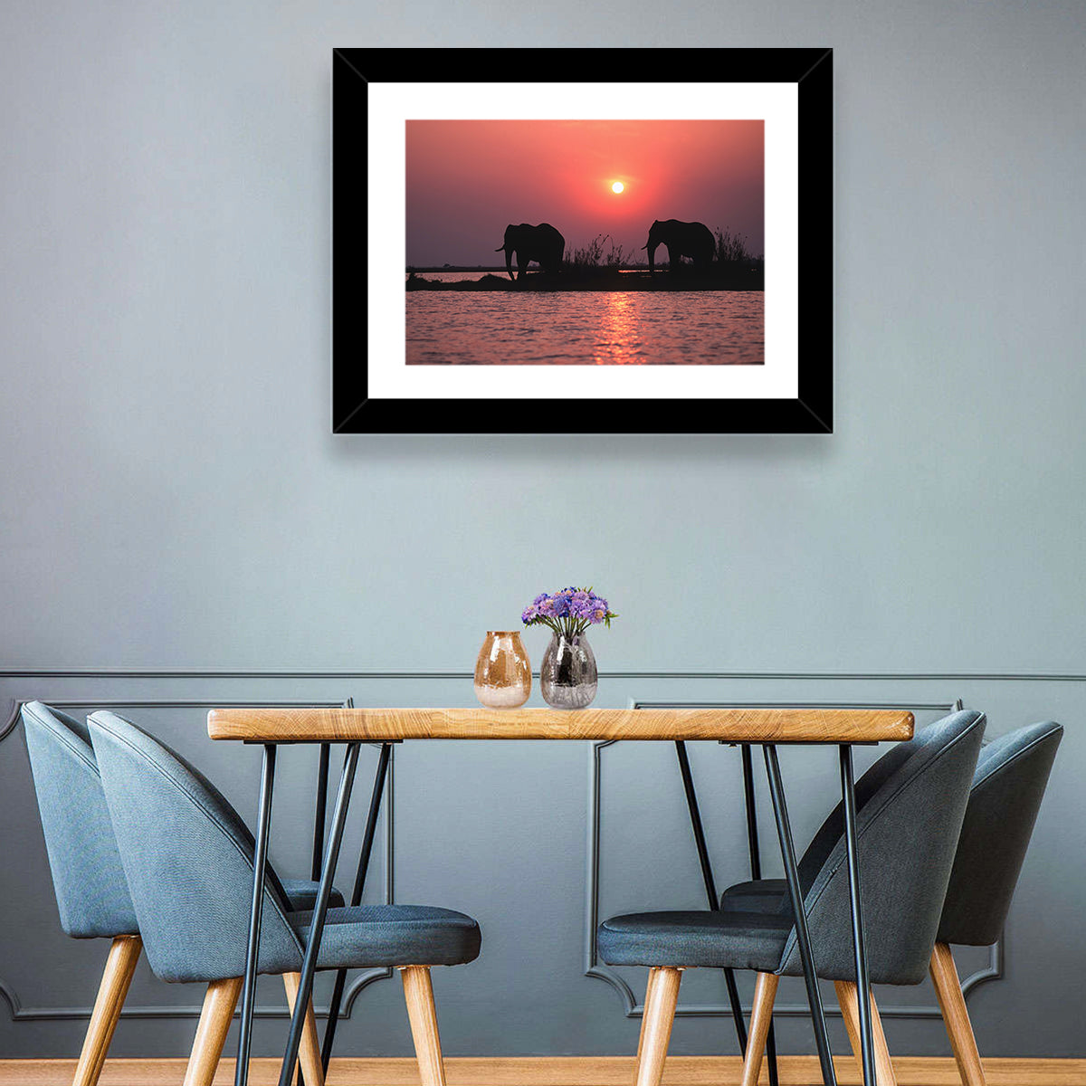 Elephants at Sunset Silhouette Wall Art
