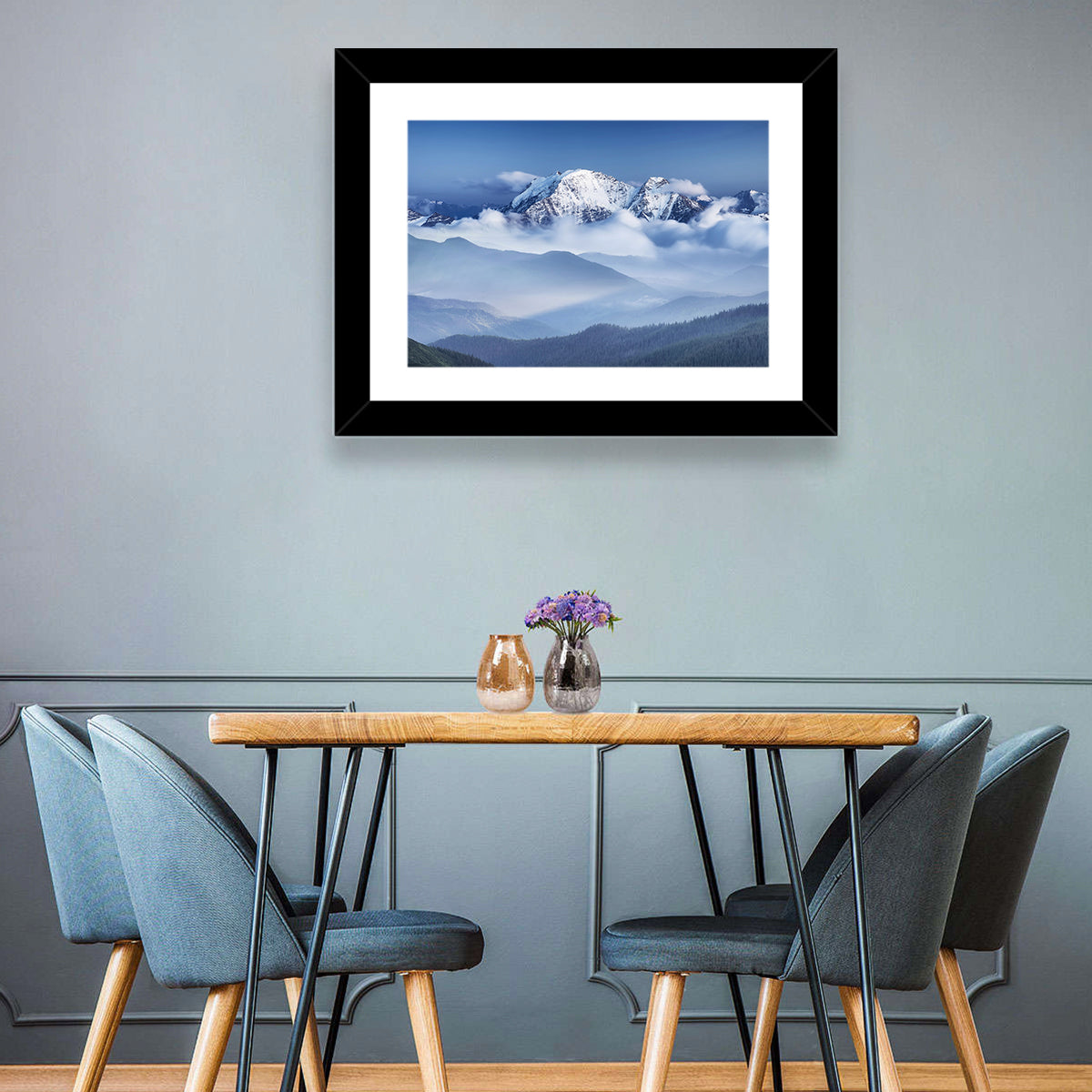 Snow-capped Peaks in Clouds Wall Art in a room, landscape