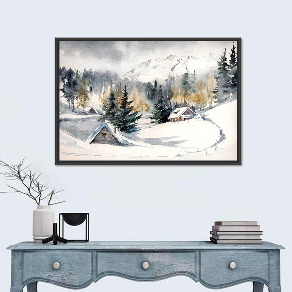 Snowy Mountain Village Watercolor Wall Art