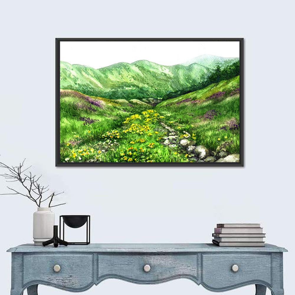 Blooming Mountain Valley Wall Art in a room, landscape