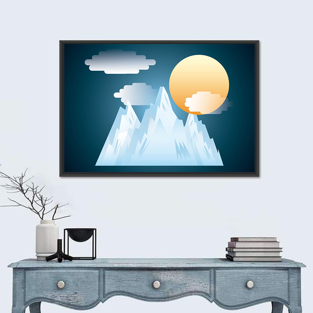 Geometric Snowy Mountain with Golden Sun Wall Art in a room, landscape
