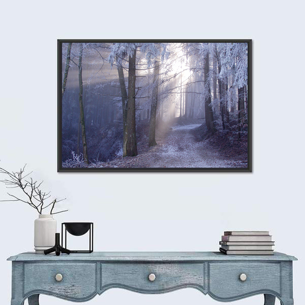 Frosted Forest Path at Dawn Wall Art in a room, landscape