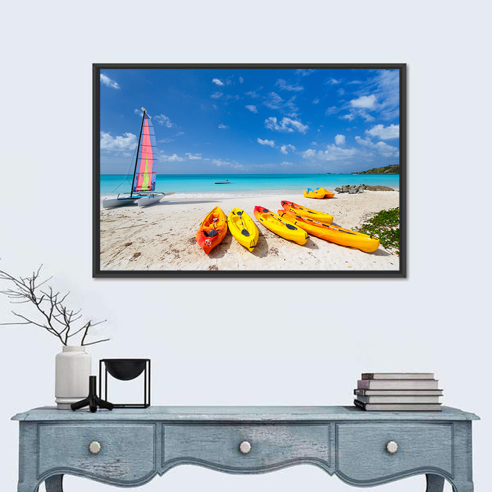 Yellow Kayaks on Tropical Beach Wall Art in a room, landscape