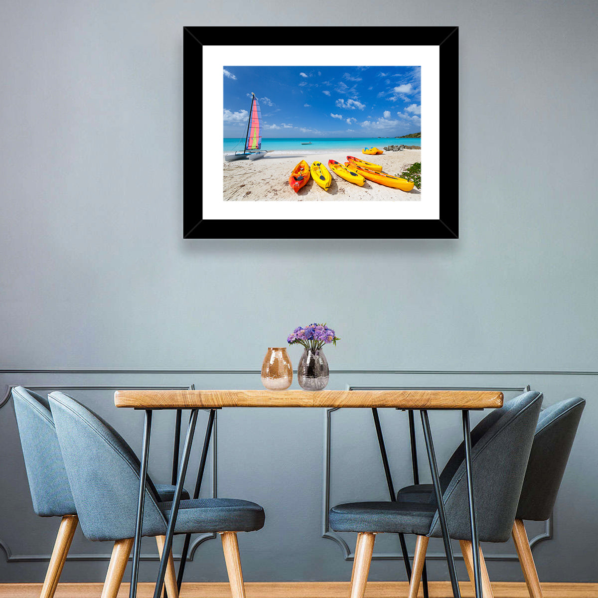 Yellow Kayaks on Tropical Beach Wall Art in a room, landscape