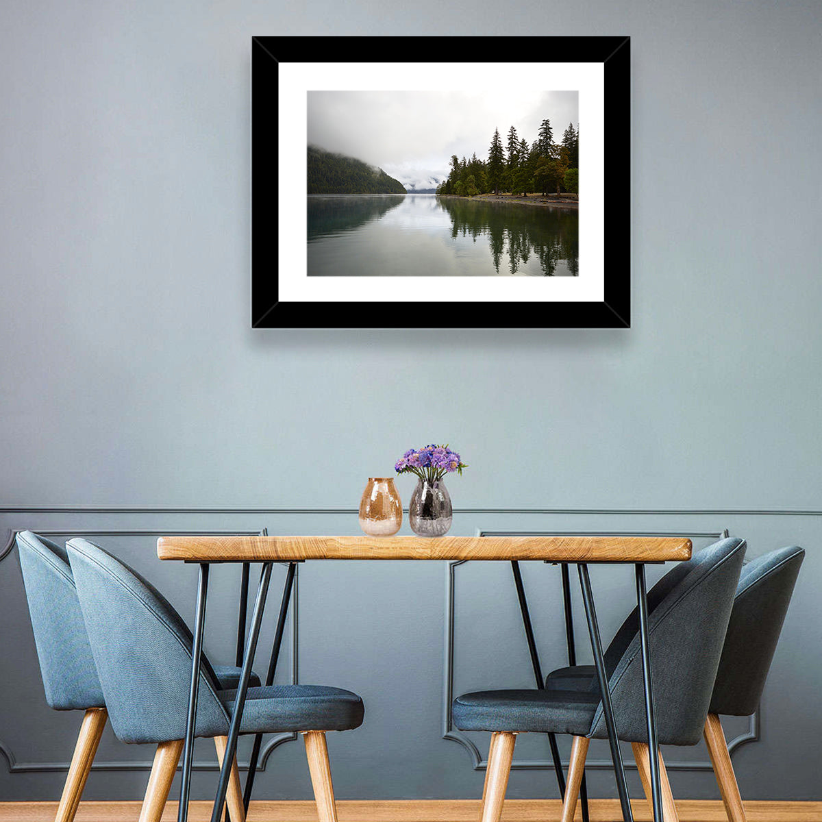 Foggy Lake Crescent Reflection Wall Art in a room, landscape