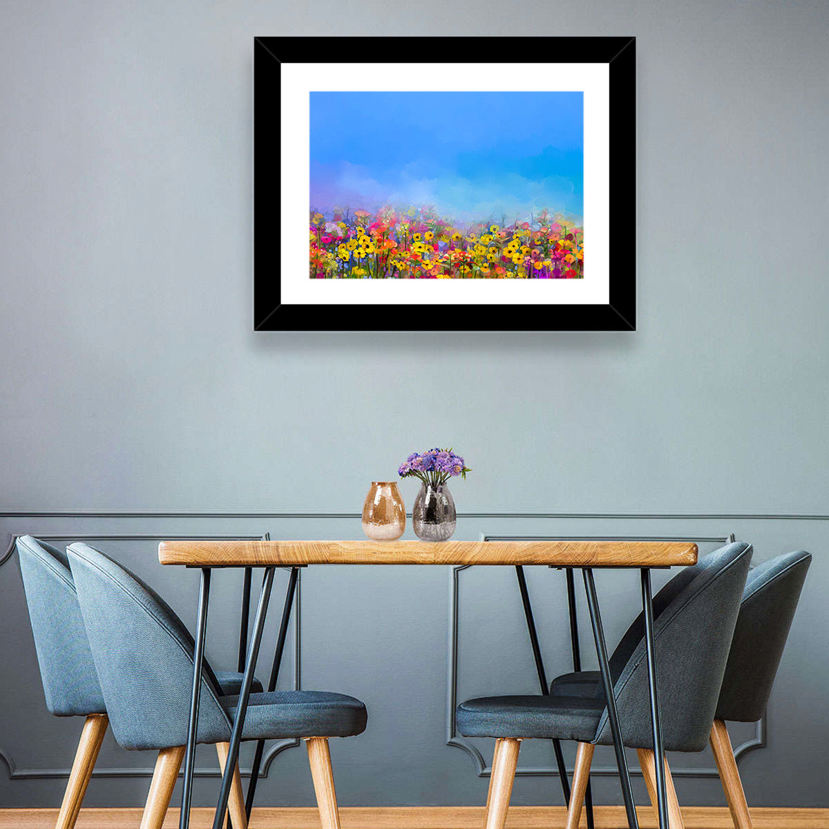 Cornflower and Daisy Meadow Wall Art in a room, landscape