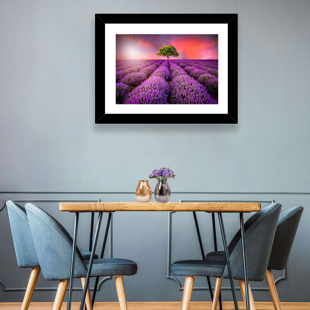 Sunset Over Lavender Fields Wall Art in a room, landscape