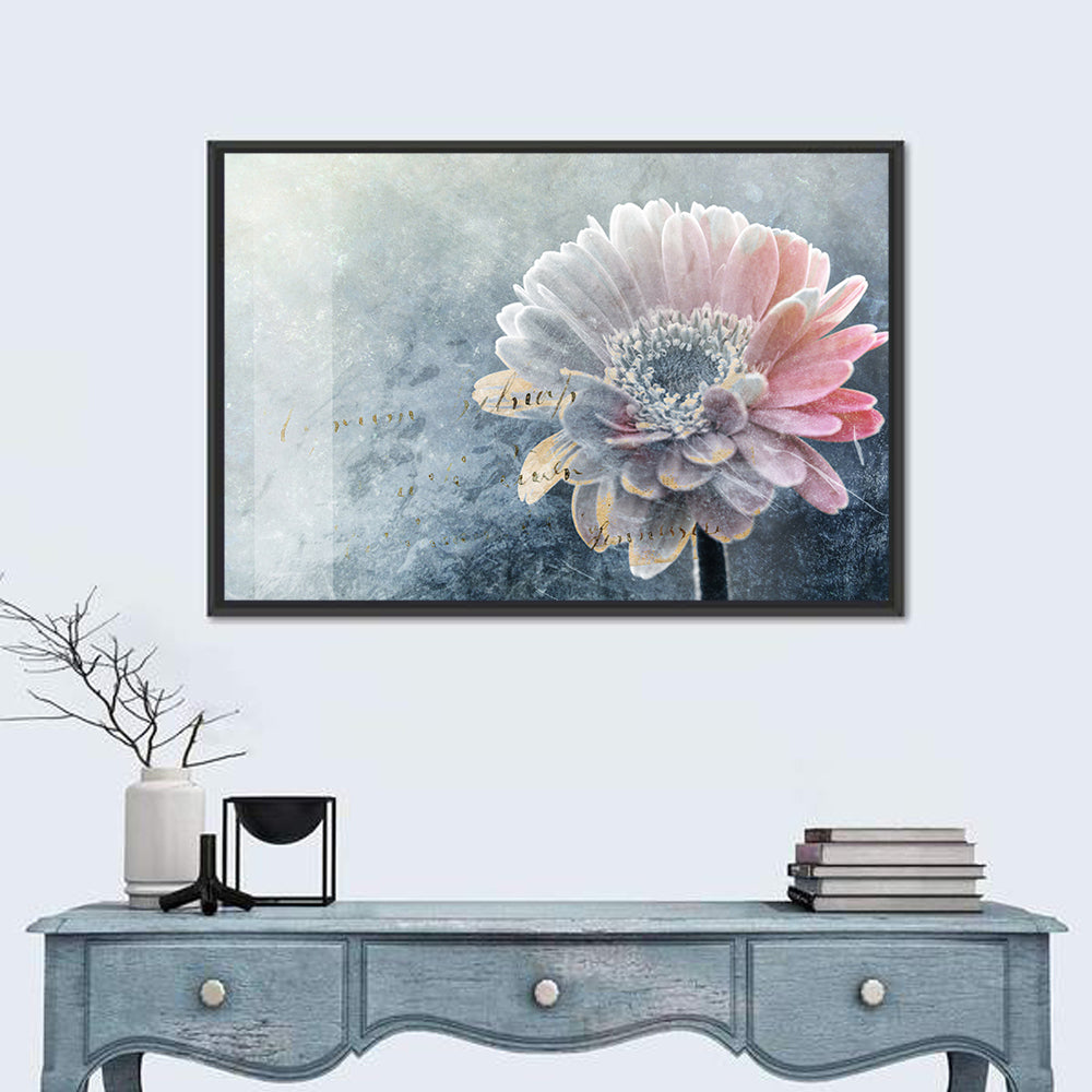 Winter Gerbera with Golden Script Wall Art in a room, landscape