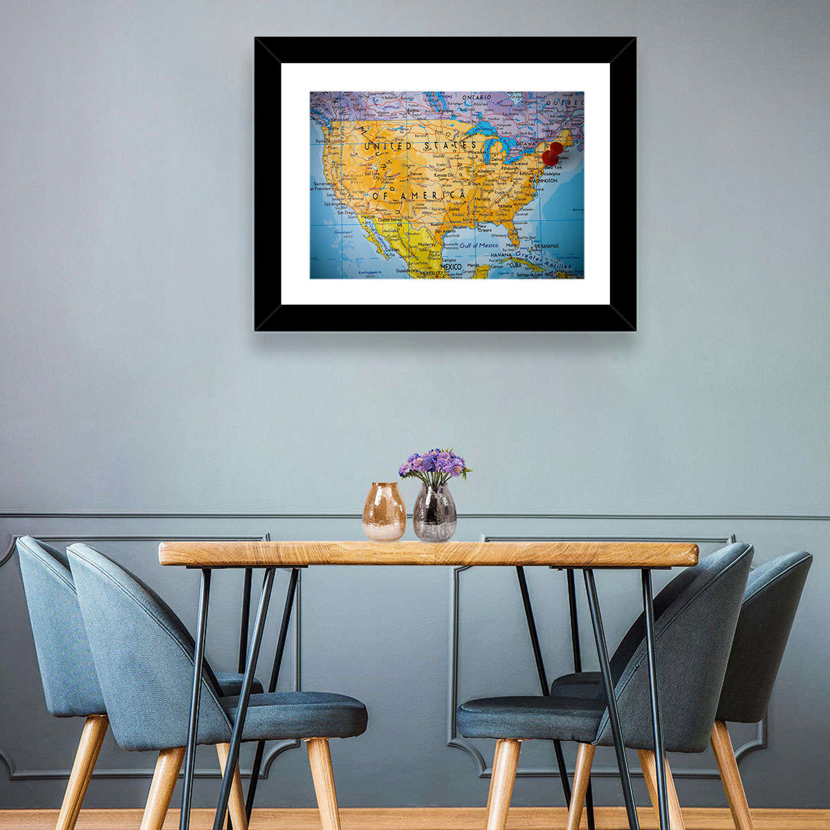 Vintage USA Map with Northeastern Pushpin Wall Art in a room, landscape