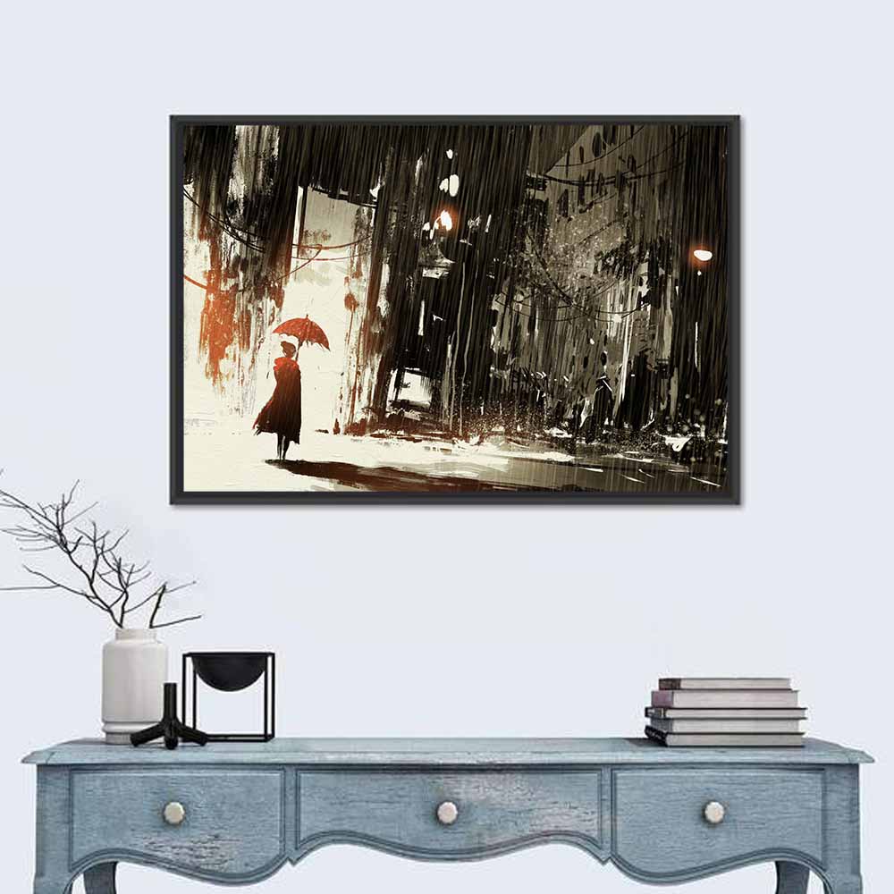 Woman with Umbrella on Rainy Street Wall Art in a room, landscape