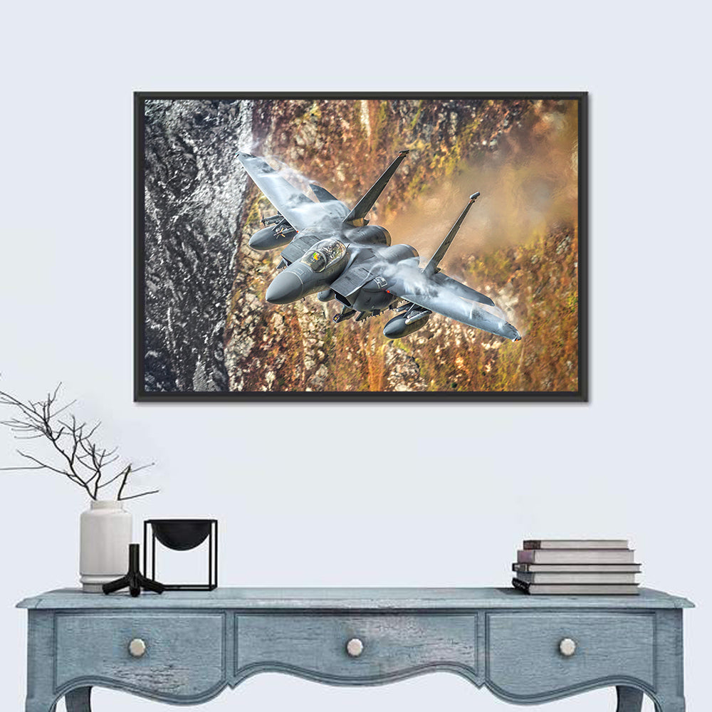 F-15 Over Mountain Canyon Wall Art in a room, landscape
