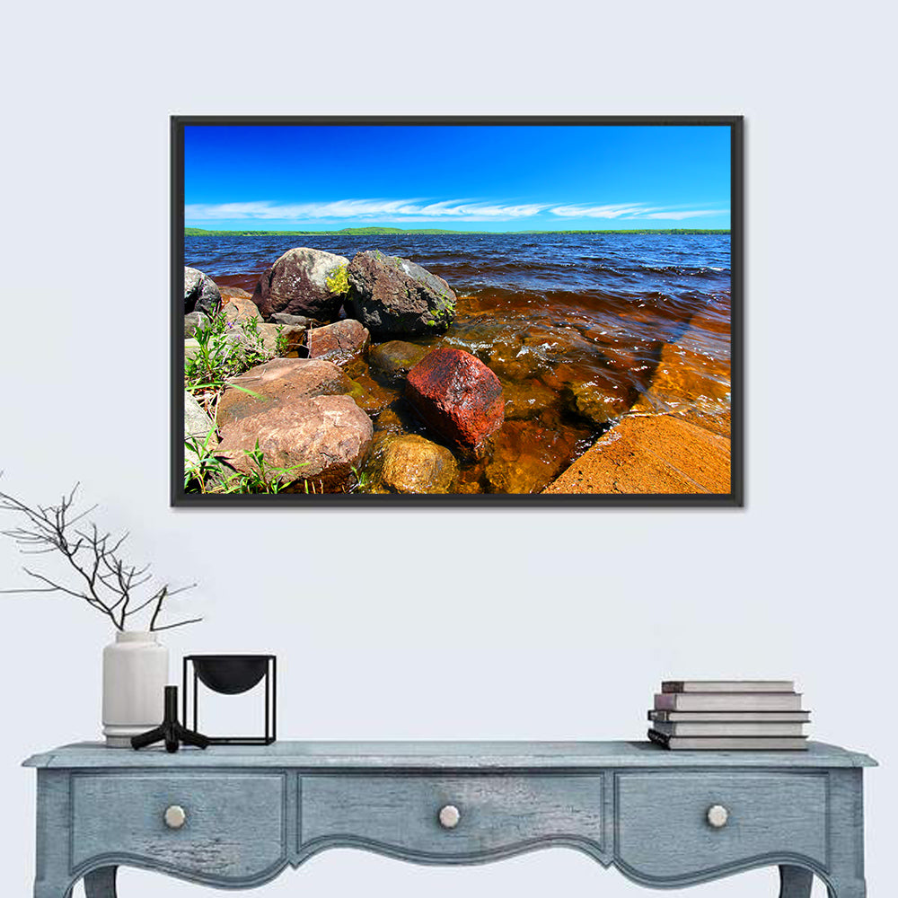 Lake Gogebic Rocky Shoreline Wall Art in a room, landscape