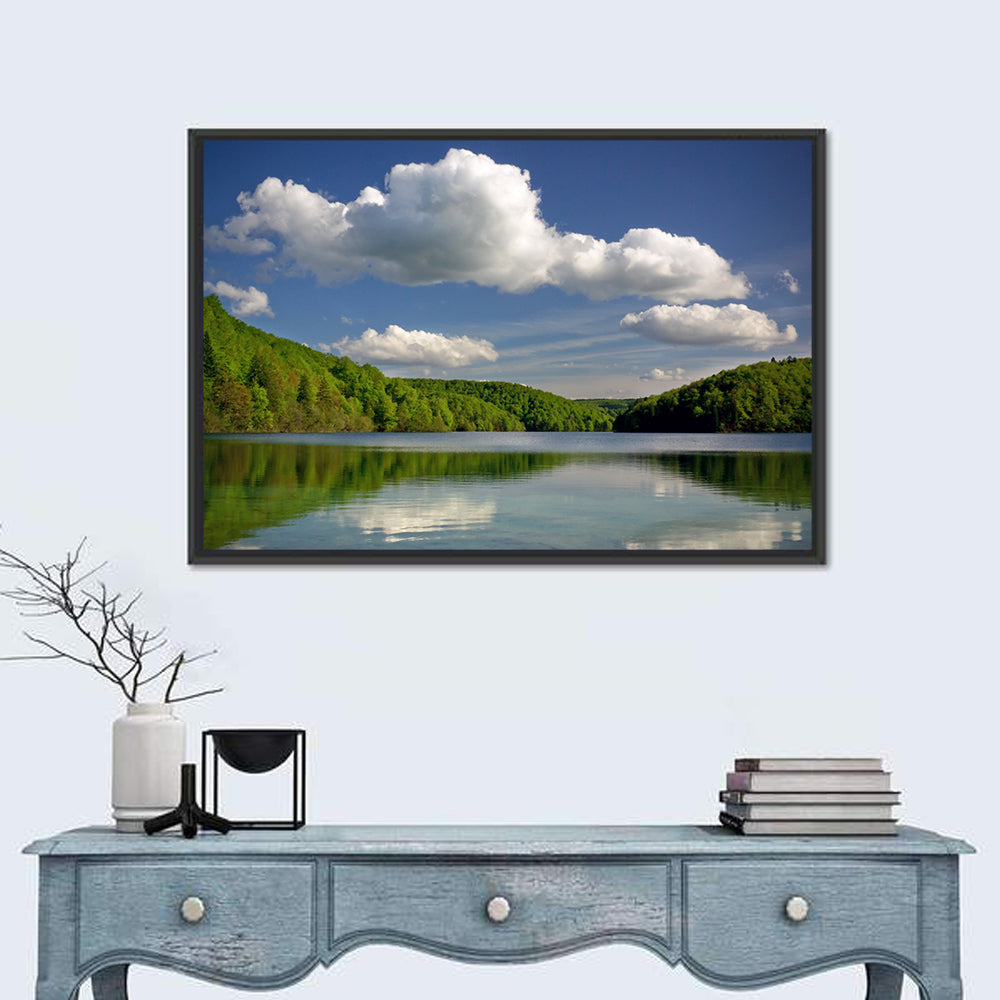 Plitvice Forest Lake Scene Wall Art in a room, landscape
