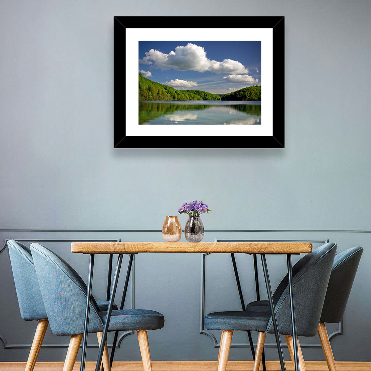 Plitvice Forest Lake Scene Wall Art in a room, landscape