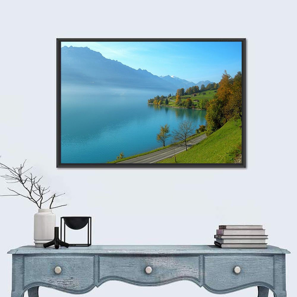 Lake Brienz Misty Shoreline Wall Art in a room, landscape