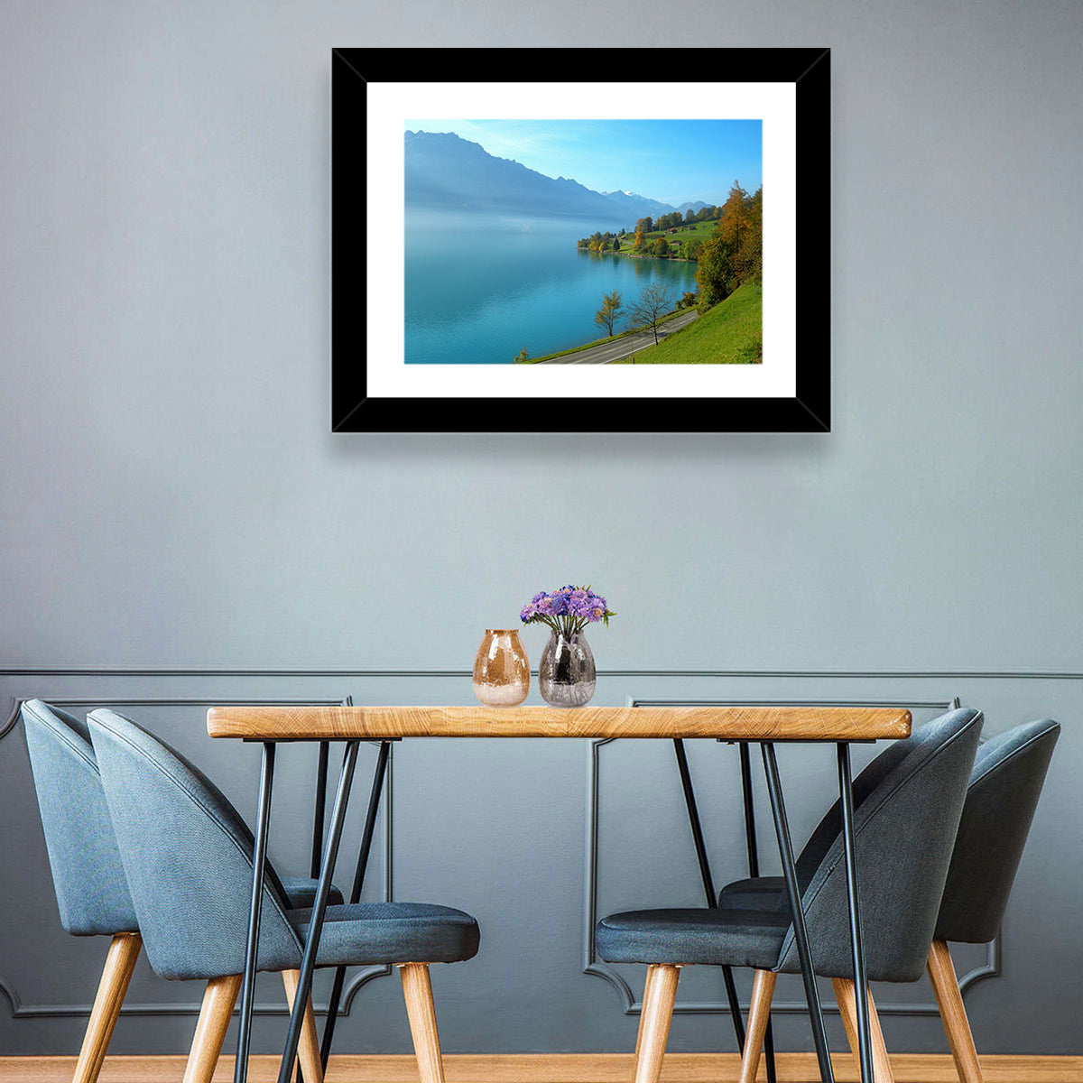 Lake Brienz Misty Shoreline Wall Art in a room, landscape