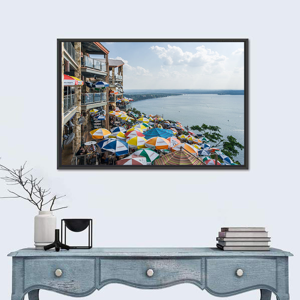 Lake Travis Lakeside Terrace Wall Art in a room, landscape