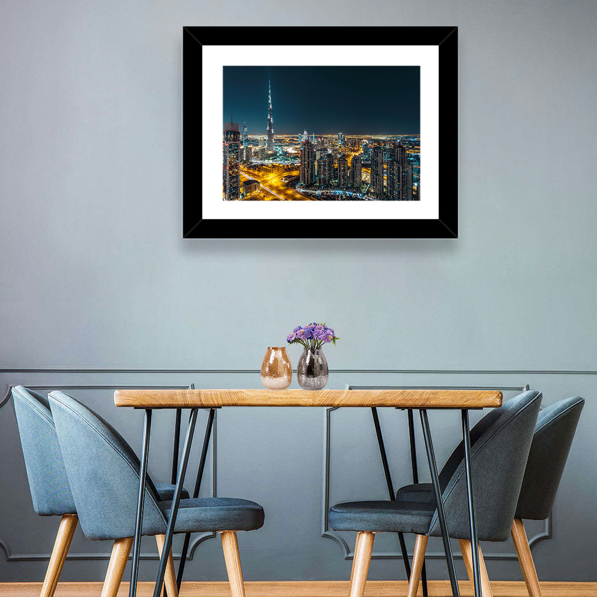 Dubai Night Skyline with Burj Khalifa Wall Art in a room, landscape