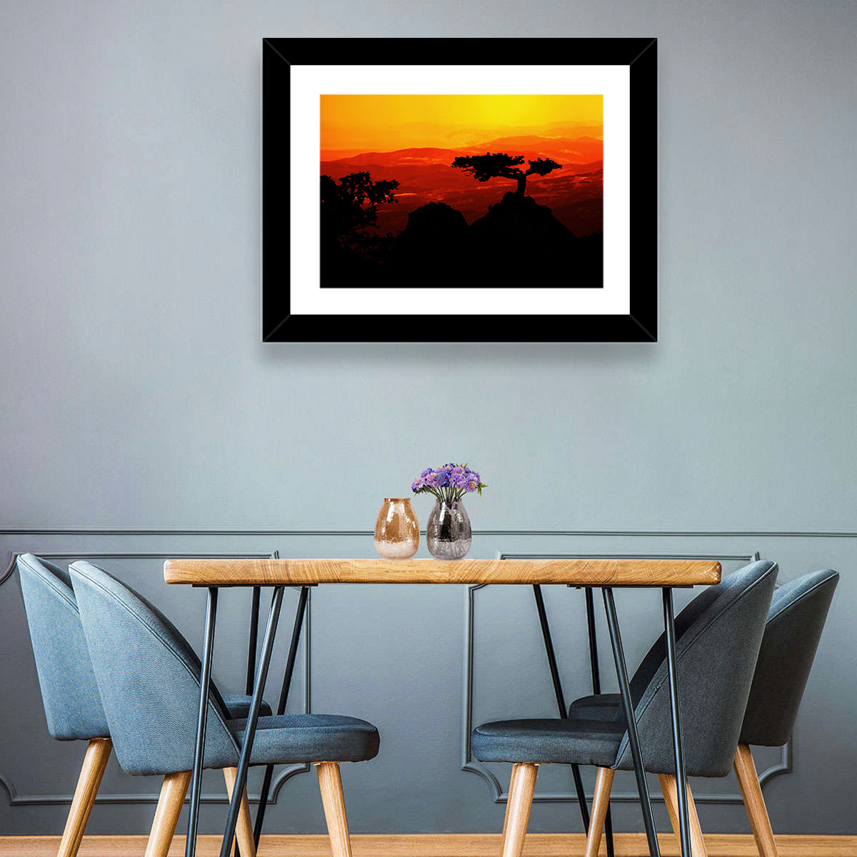 Gnarled Tree at African Sunset Wall Art in a room, landscape