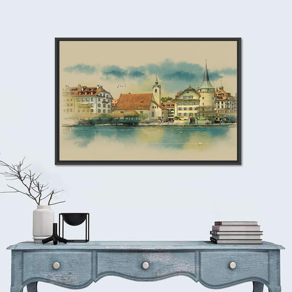 Lucerne Waterfront Sketch Wall Art in a room, landscape