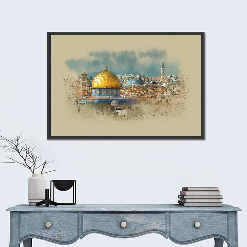Dome of the Rock Watercolor Study Wall Art in a room, landscape
