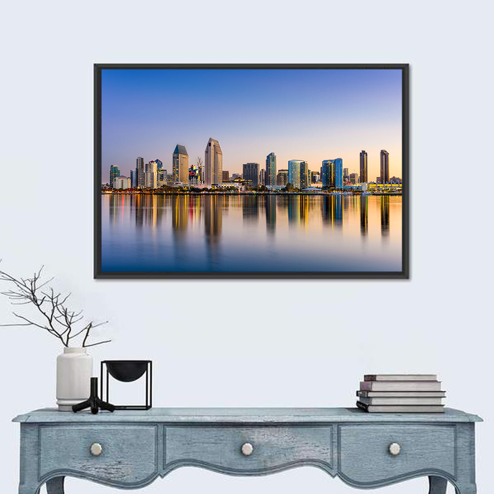 San Diego Skyline at Golden Dusk Wall Art in a room, landscape