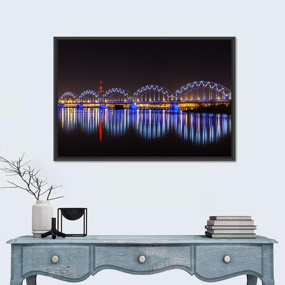 Riga Railway Bridge Nightscape Wall Art in a room, landscape