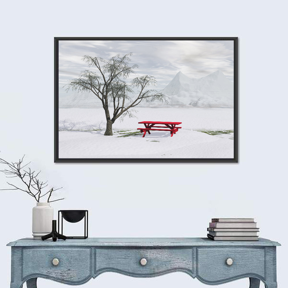 Red Picnic Table in Winter Park Wall Art