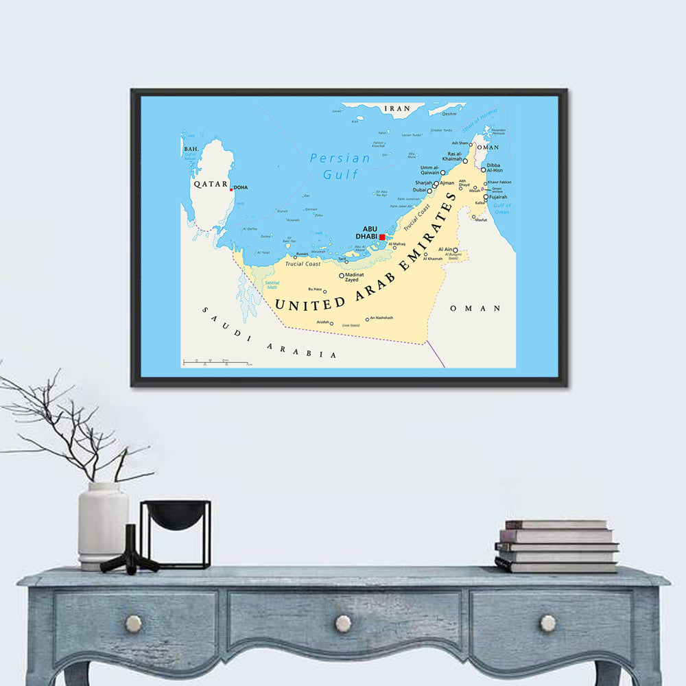 UAE Political Map Wall Art in a room, landscape