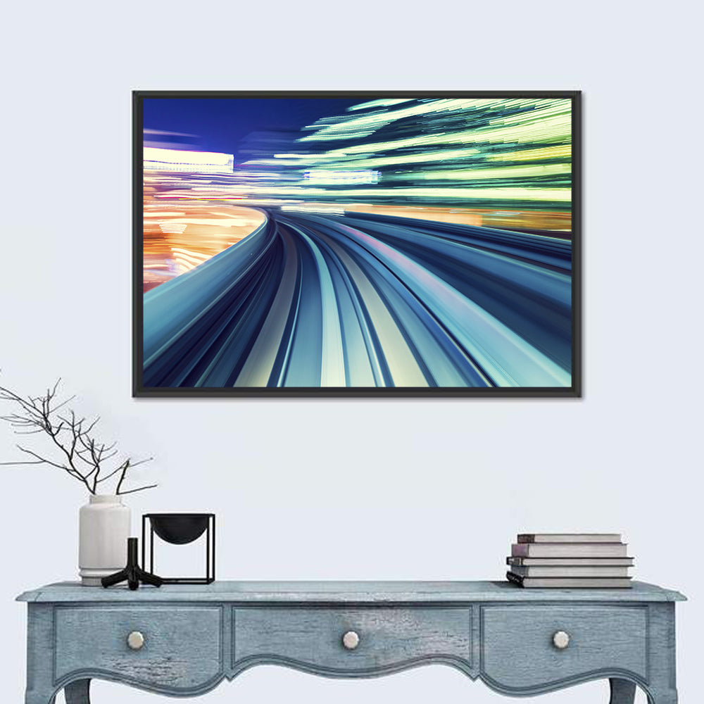 Curved Monorail Light Trails Wall Art in a room, landscape