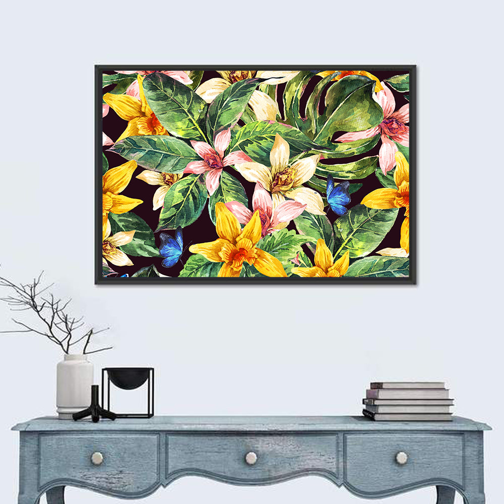 Tropical Orchid Pattern Wall Art in a room, landscape