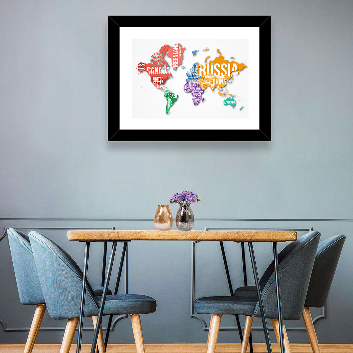 Colorful Country Name World Map Wall Art