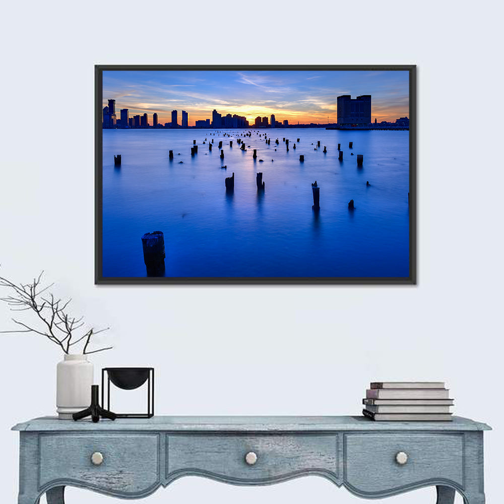 Jersey City Skyline at Dusk Wall Art in a room, landscape