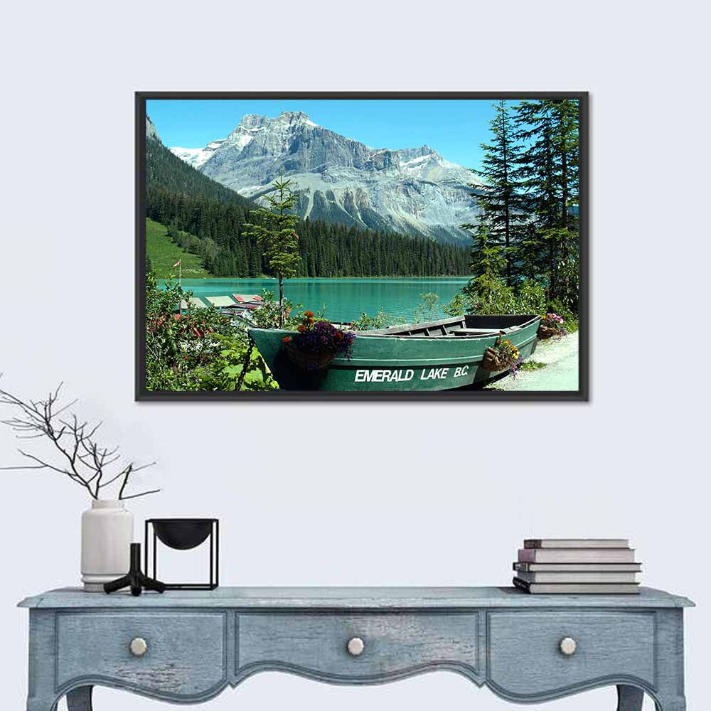 Green Rowboat at Emerald Lake Wall Art in a room, landscape