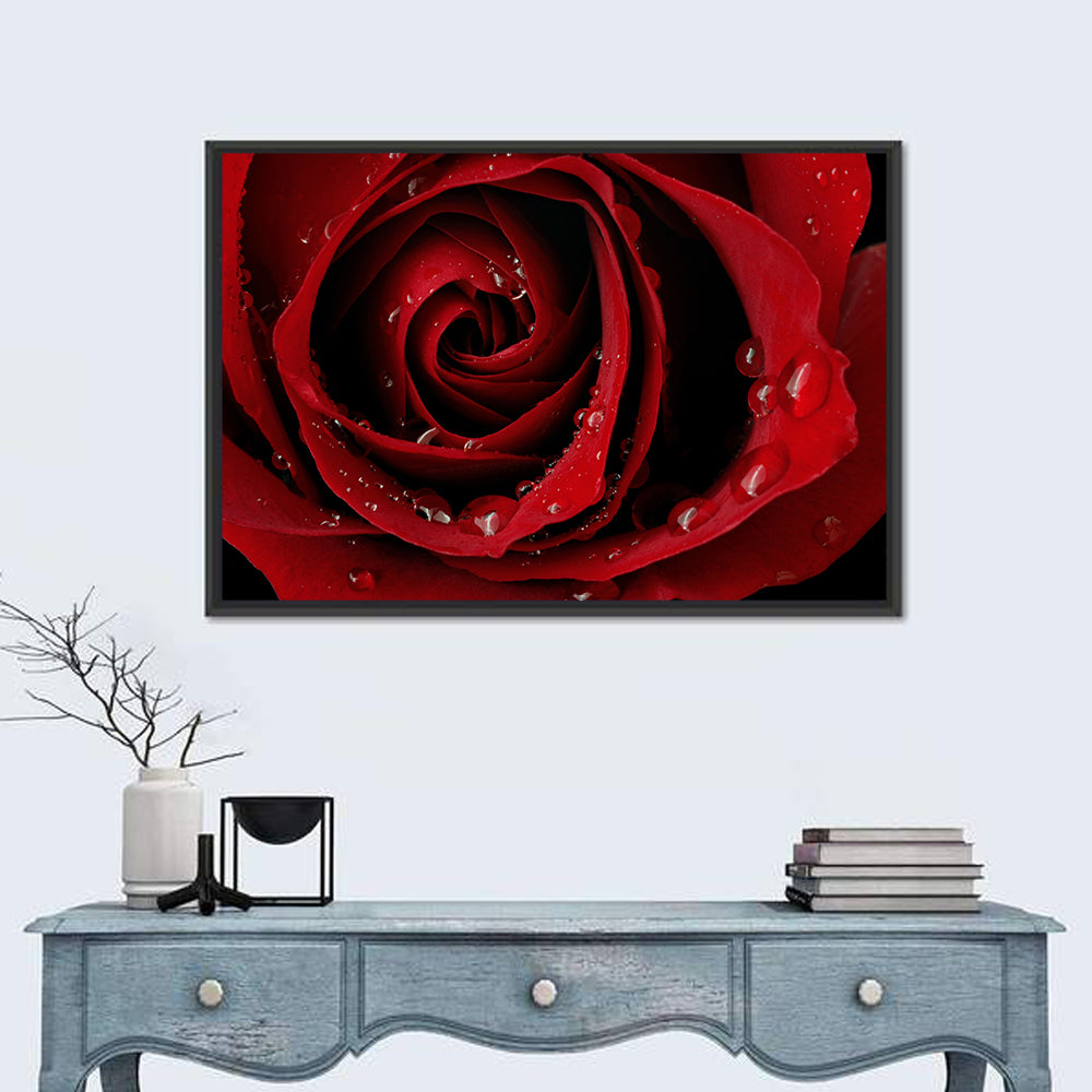 Red Rose with Dew Drops Wall Art in a room, landscape
