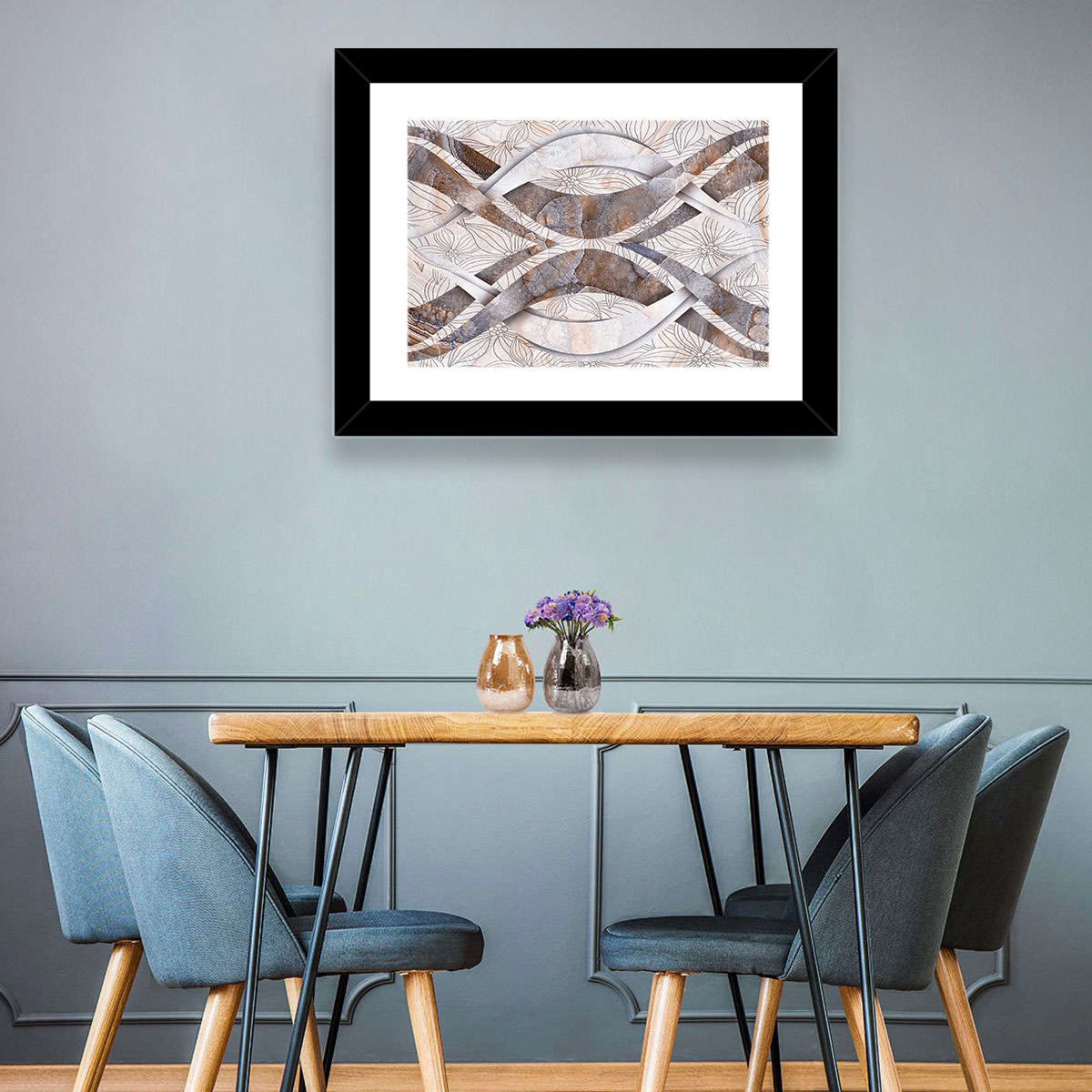 Waving Stone with Line Flowers Wall Art in a room, landscape