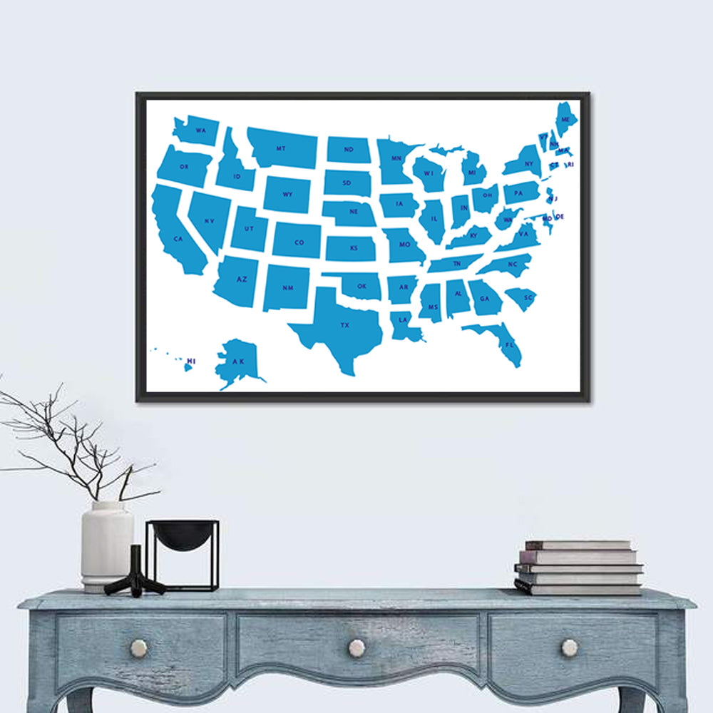 Blue Minimalist USA Map Wall Art in a room, landscape