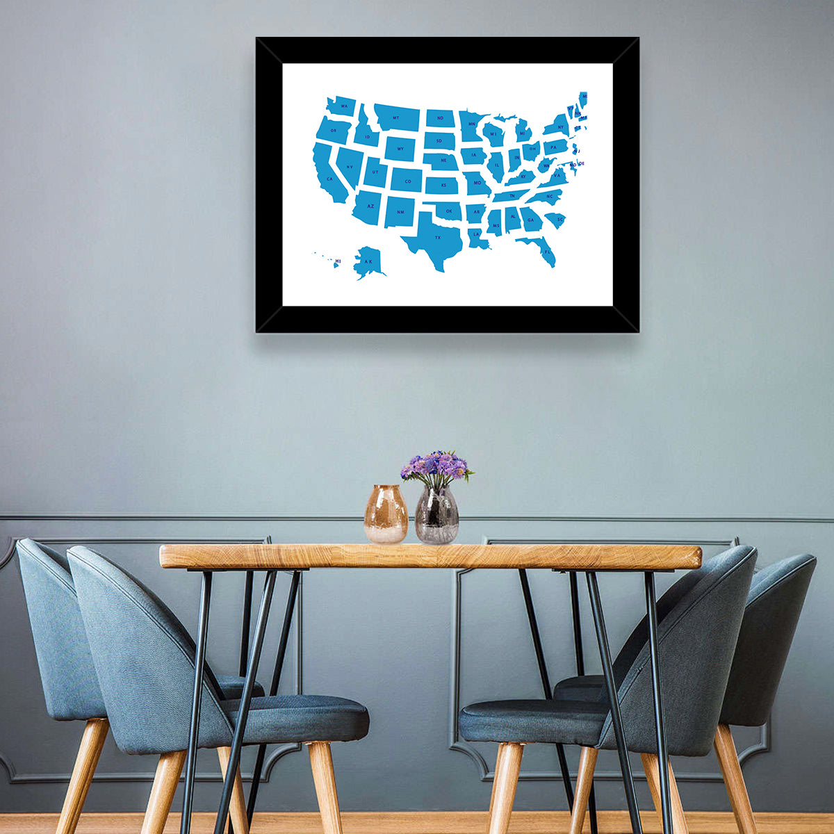 Blue Minimalist USA Map Wall Art