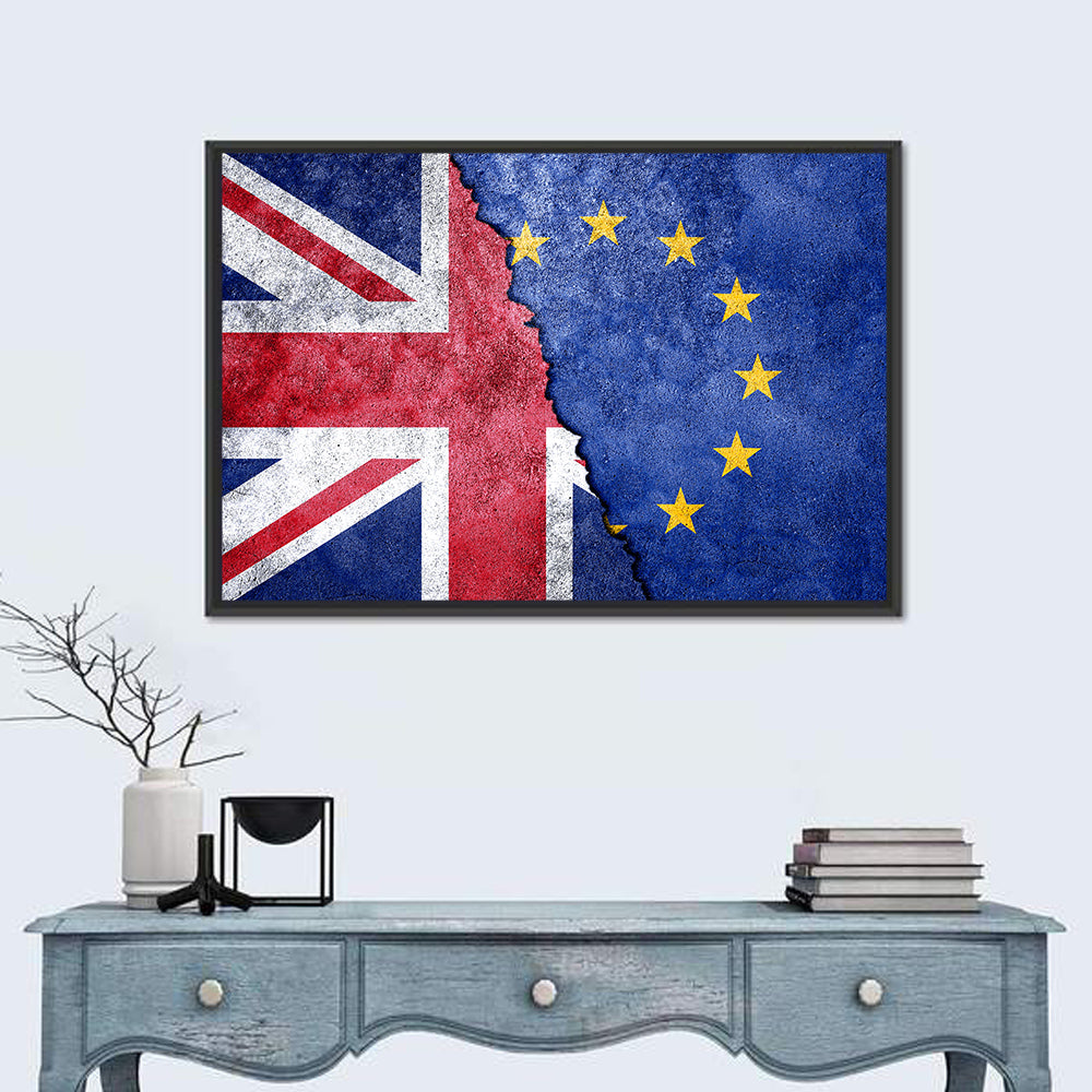 Divided Union Jack and Eu Flag Wall Art in a room, landscape