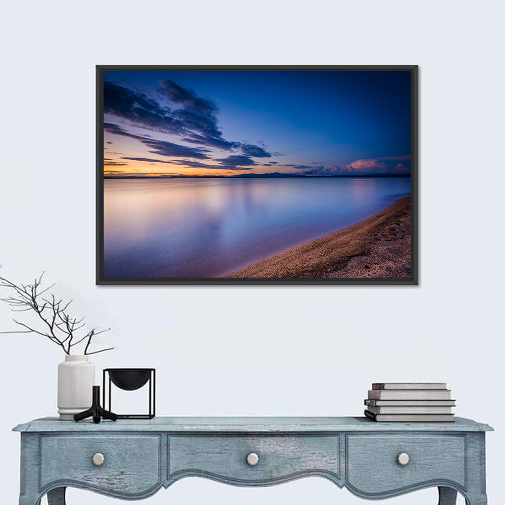 Lake Winnipesaukee Shoreline Sunset Wall Art in a room, landscape