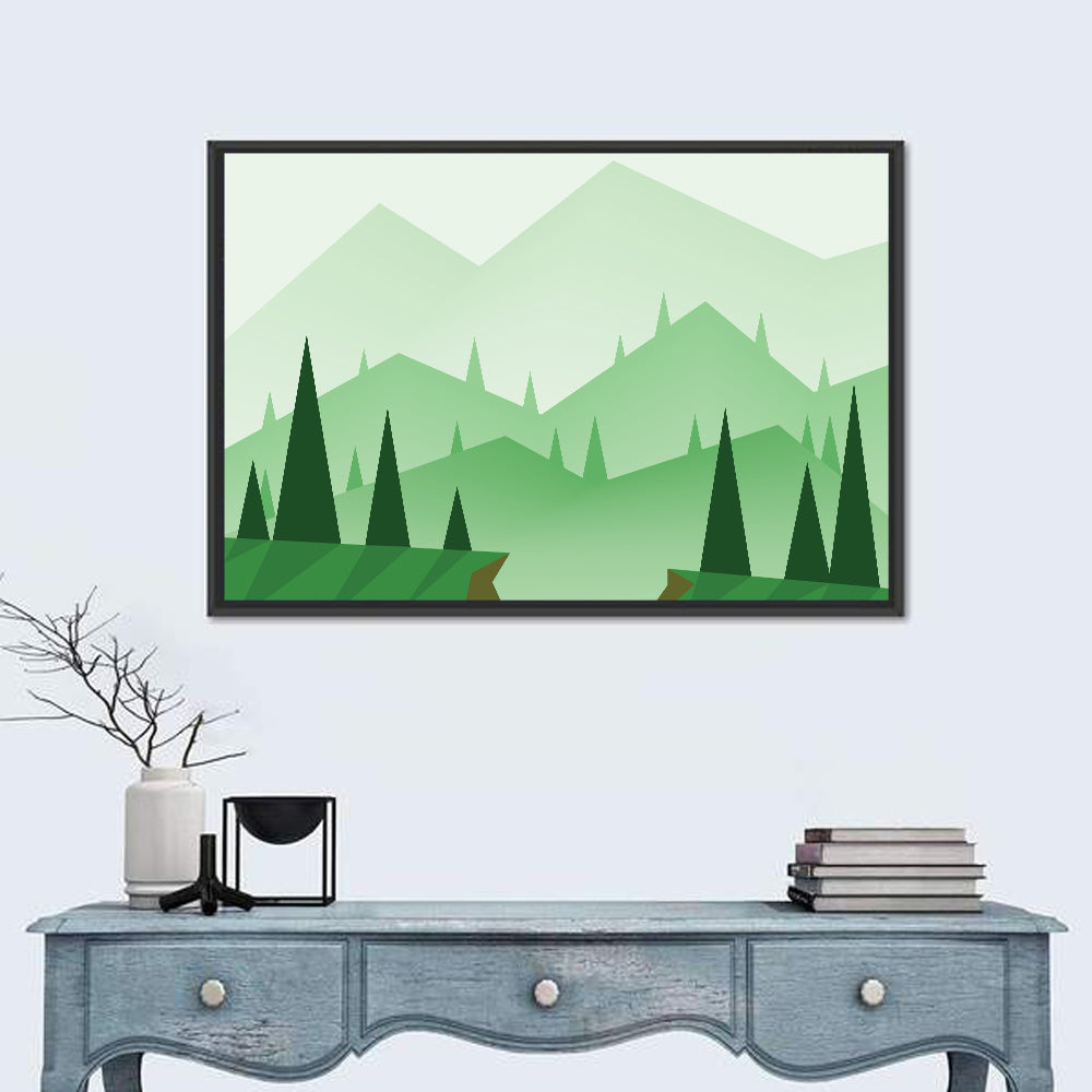 Misty Green Hills Illustration Wall Art in a room, landscape