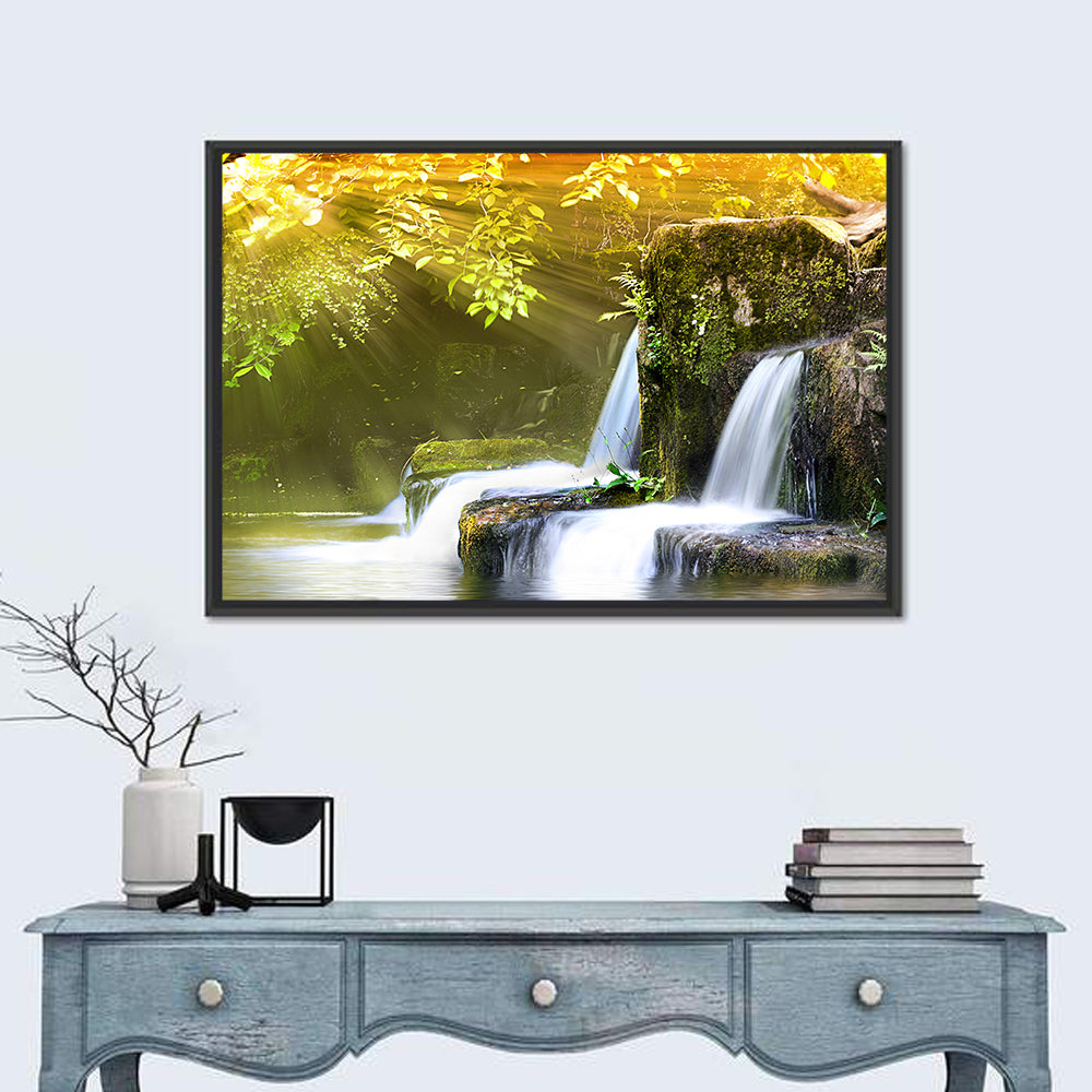 Sunlit Forest Waterfall Wall Art in a room, landscape