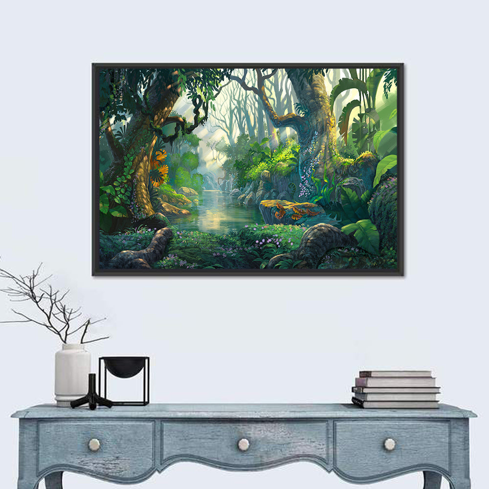 Sunlit Jungle River Wall Art in a room, landscape